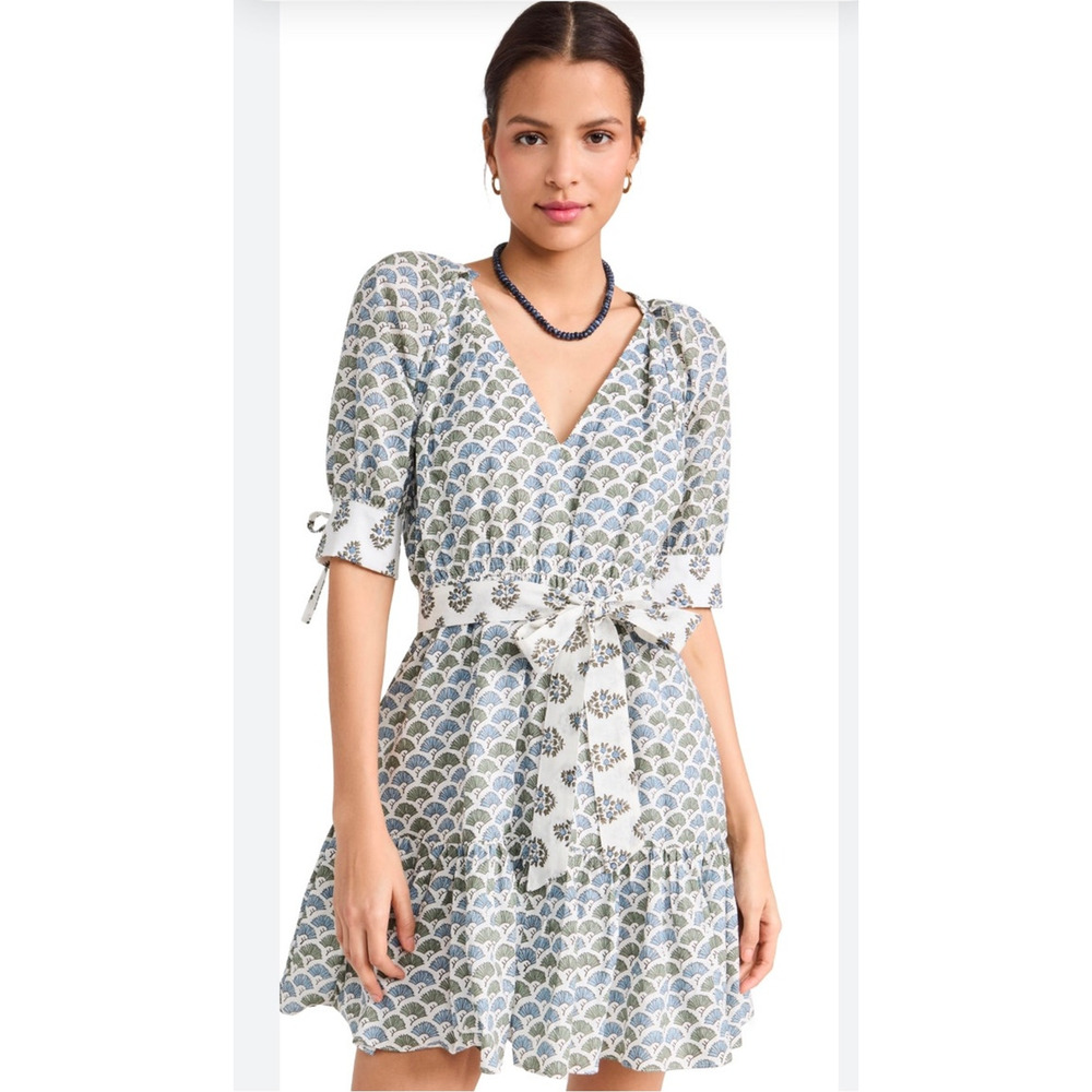 Marea Blockprint Mini Dress with Tie Waist - S - Blue/Green/White